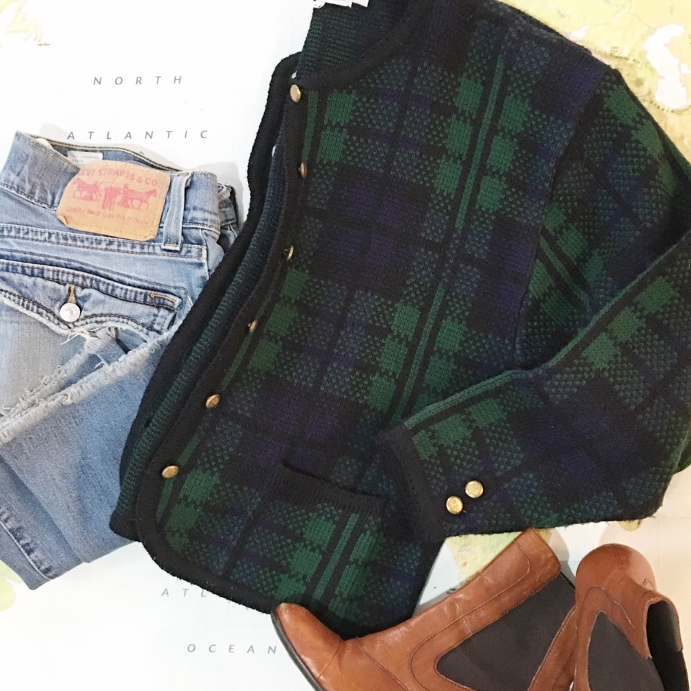 Vintage Tally-Ho Plaid Librarian Cardigan Sweater.